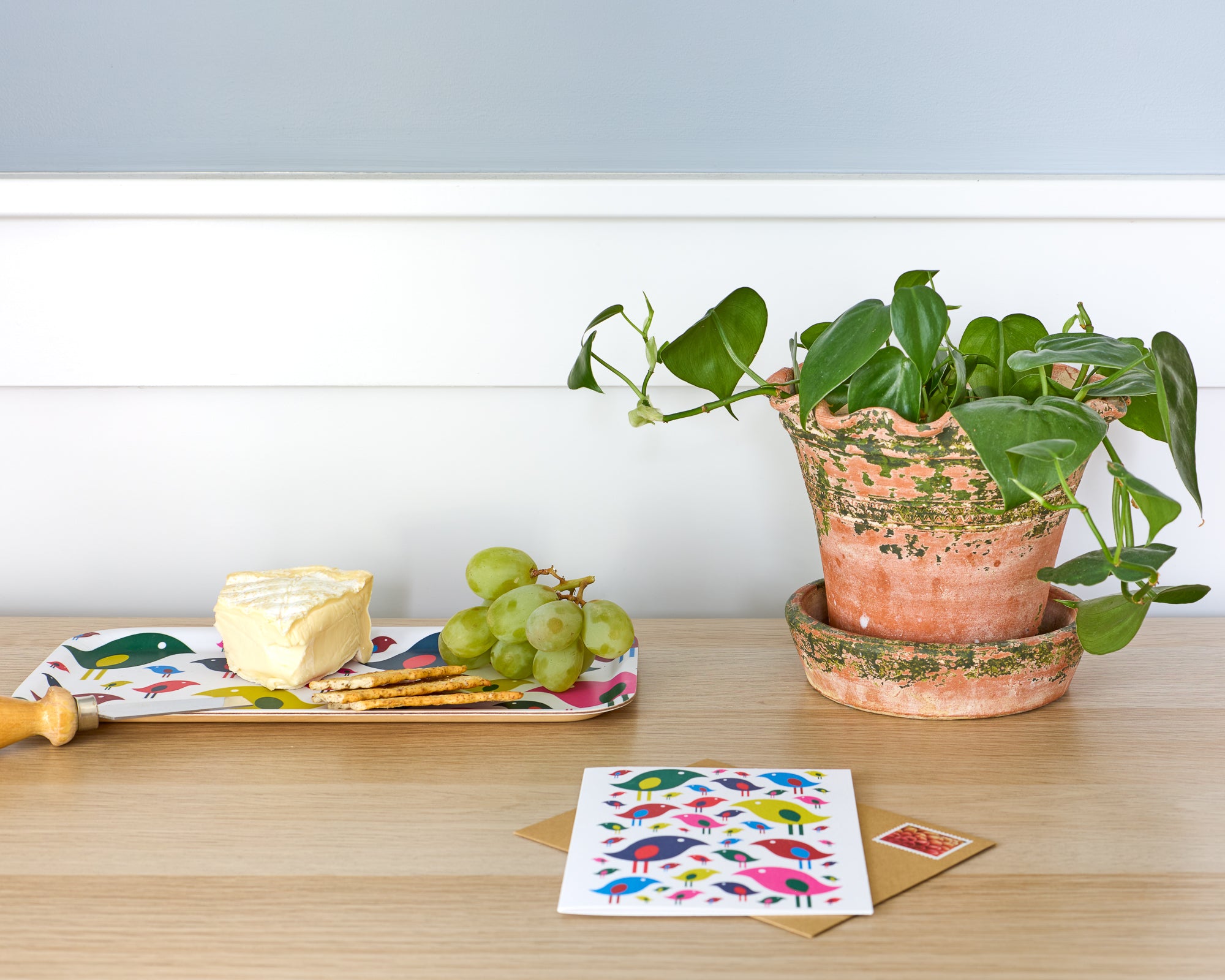 Potted plant on desk with birch tray and card bright colored birds from Blue Kite Press