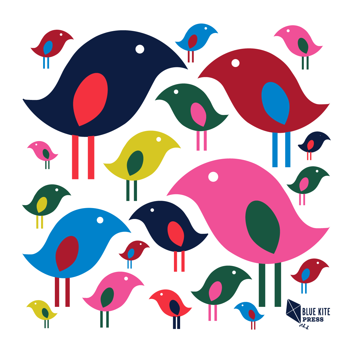 Bright Bird collection from Blue Kite Press. Modern, joyful illustration of colorful birds in different sizes.