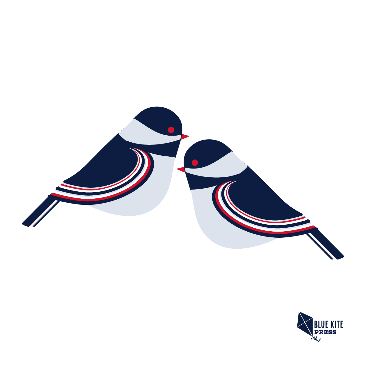Chickadee collection from Blue Kite Press. Nostalgic illustration of a pair of red and blue mid-century inspired chickadees.