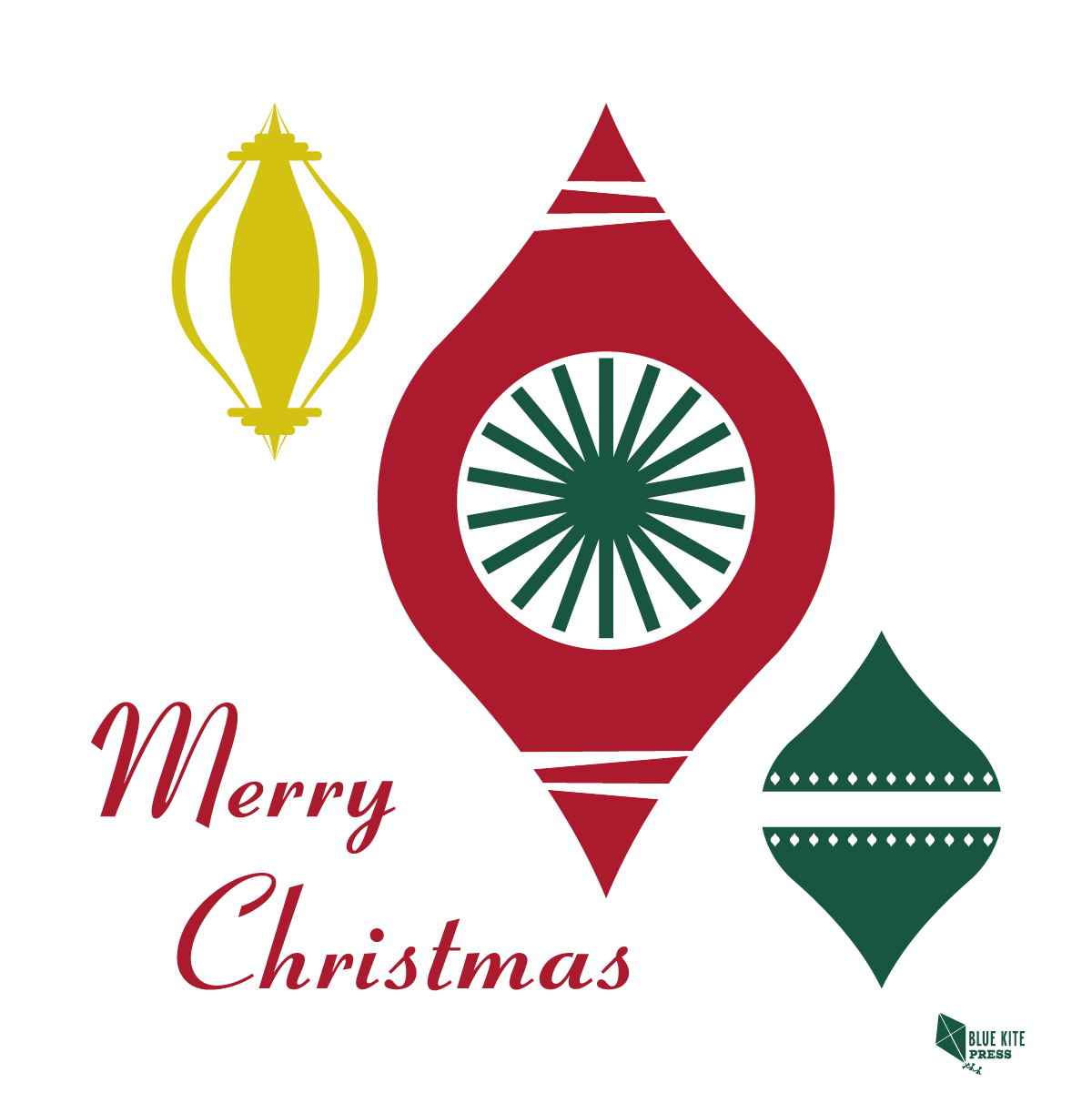 Modern Christmas ornament design featuring stylized red, green, and yellow baubles with geometric patterns, accompanied by the text "Merry Christmas" in red cursive font on a white background