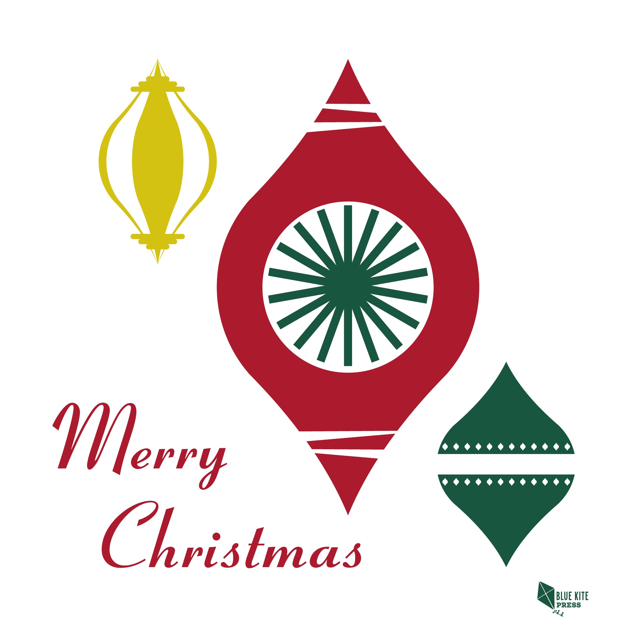 Merry Christmas Card vintage style with red, green, and yellow modern tree ornaments, blank inside for personal message