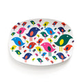 Oval serving tray with colorful modern bird design on white durable decoplate, perfect for stylish entertaining.