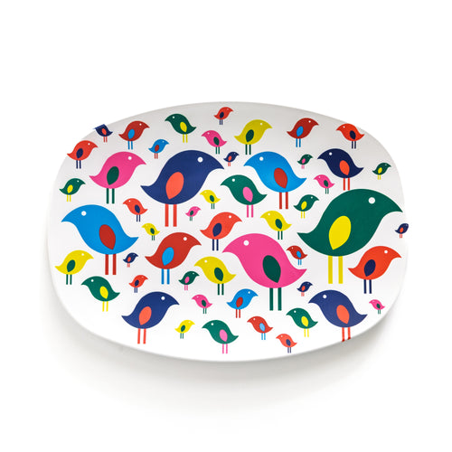 Oval serving tray with colorful modern bird design on white durable decoplate, perfect for stylish entertaining.