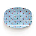 Oval serving tray with vintage cherry pattern and blue stripes, made from durable decoplate material for stylish serving.