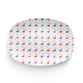 Oval serving tray with colorful modern flamingo pattern on a white background, durable decoplate design