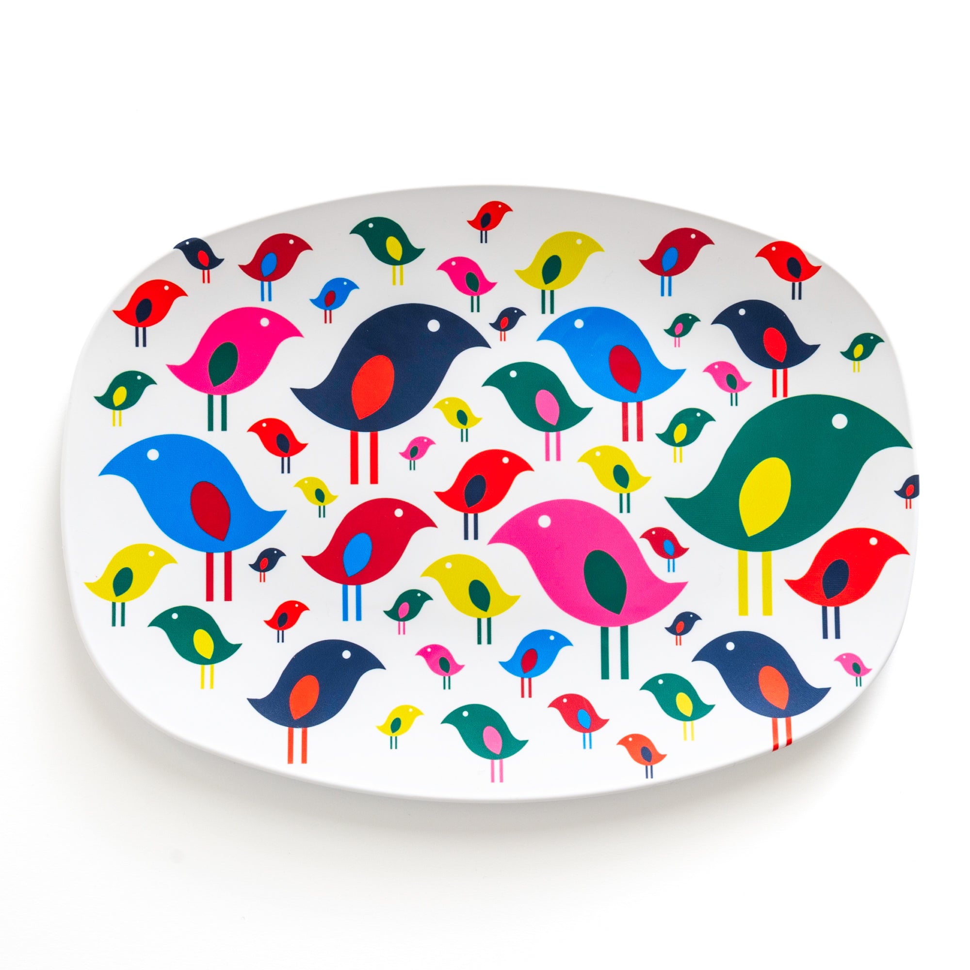 Bright Bird Serving Tray with colorful modern bird design on durable oval white tray for joyful serving.