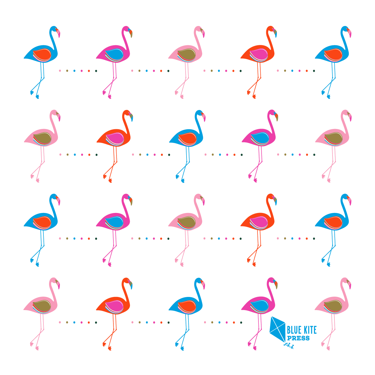 Flamingo collection from Blue Kite Press. Modern, retro-inspired illustration of a conga line of pink, blue and orange flamingos.