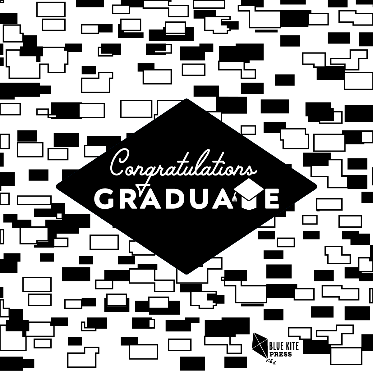 Congratulations Graduate collection from Blue Kite Press. A joyful illustration with retro-type and a confetti-filled background. 