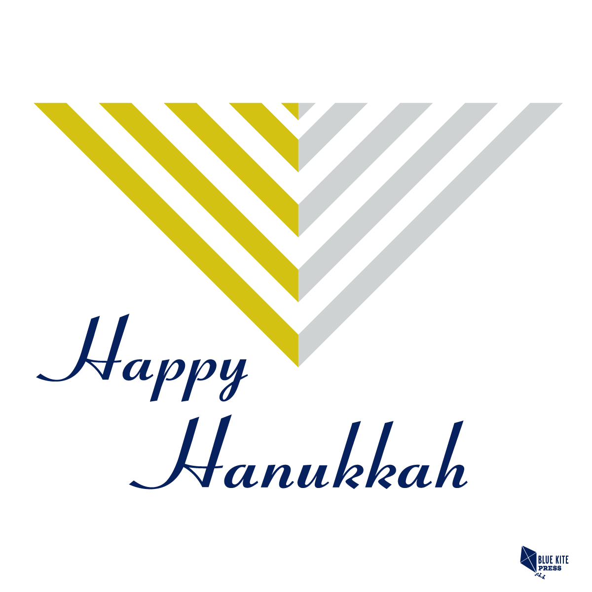 Modern Hanukkah coaster design featuring stylized menorah in yellow and gray stripes with 'Happy Hanukkah' text in navy blue, perfect for festive holiday celebrations