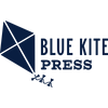 Dark blue kite icon with three ribbons flying next to bold text reading Blue Kite Press on white background