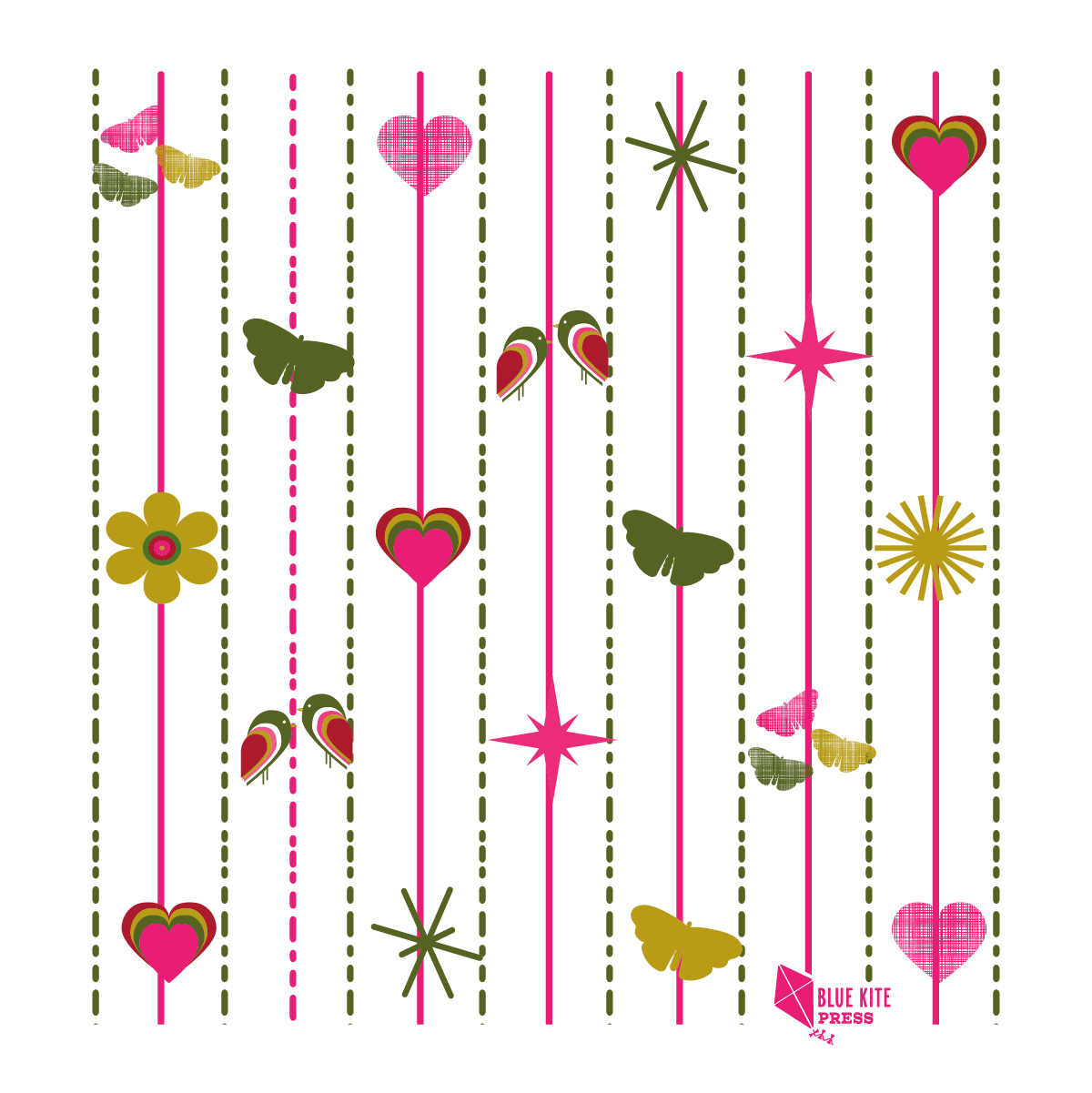 Modern pink and green paper coaster design featuring hearts, flowers, butterflies, and starbursts arranged in vertical stripes, perfect for adding a whimsical touch to table settings