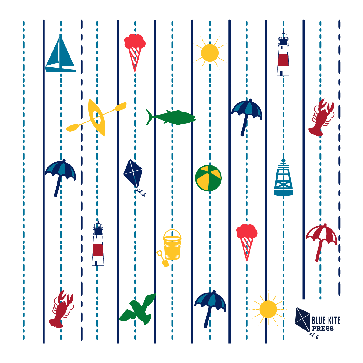 Seaside collection from Blue Kite Press. A pattern with New England coastal charm with lobsters, lighthouses, sailboats, umbrellas and more.