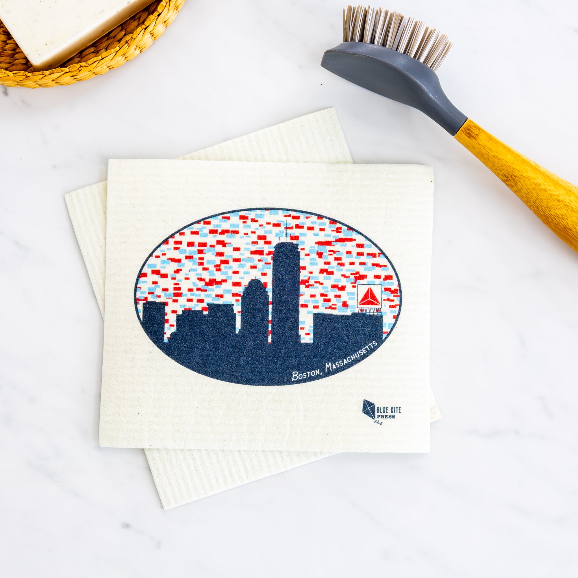 Boston Skyline Swedish Dishcloth with Citgo Sign design, eco-friendly reusable alternative to paper towels.