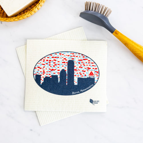 Boston Skyline Swedish Dishcloth with Citgo Sign design, eco-friendly reusable alternative to paper towels.