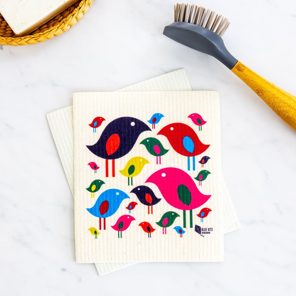 Bright Bird Swedish Dishcloth with colorful modern bird design, eco-friendly and reusable alternative to paper towels.