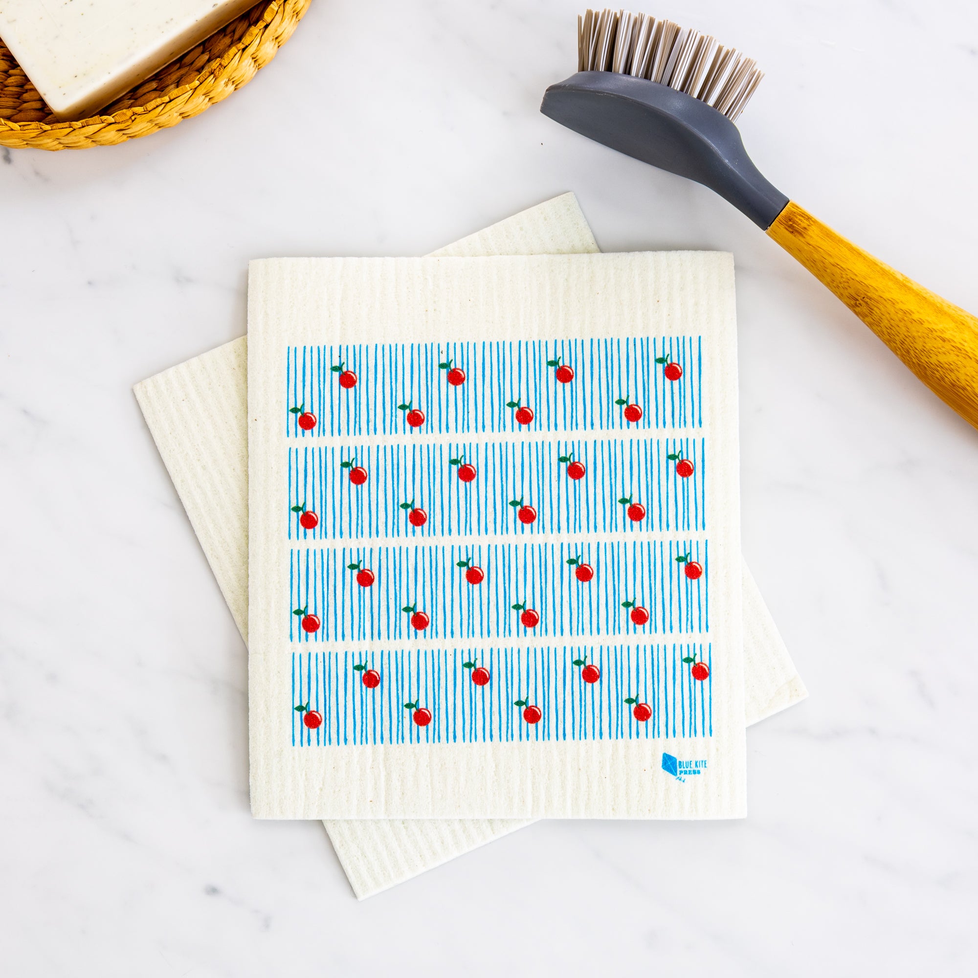 Cherry Swedish Dishcloth with vintage cherries design, eco-friendly and reusable alternative to paper towels.