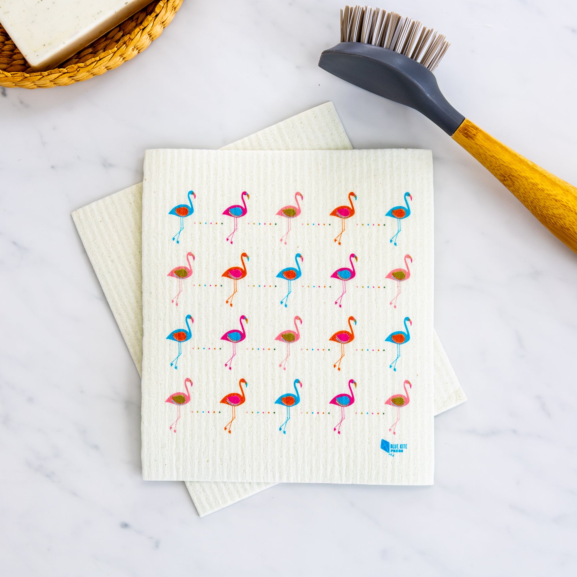 Flamingo Swedish Dishcloth | Retro | Eco-Friendly dishcloth with colorful flamingos on a cream background, reusable and sustainable cleaning tool