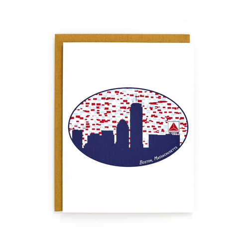 Boston Skyline Card featuring iconic silhouette and Citgo sign with a white background and kraft envelope.