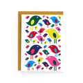 Colorful bird pattern on bright white card with kraft envelope, perfect for joyful celebrations and heartfelt messages.