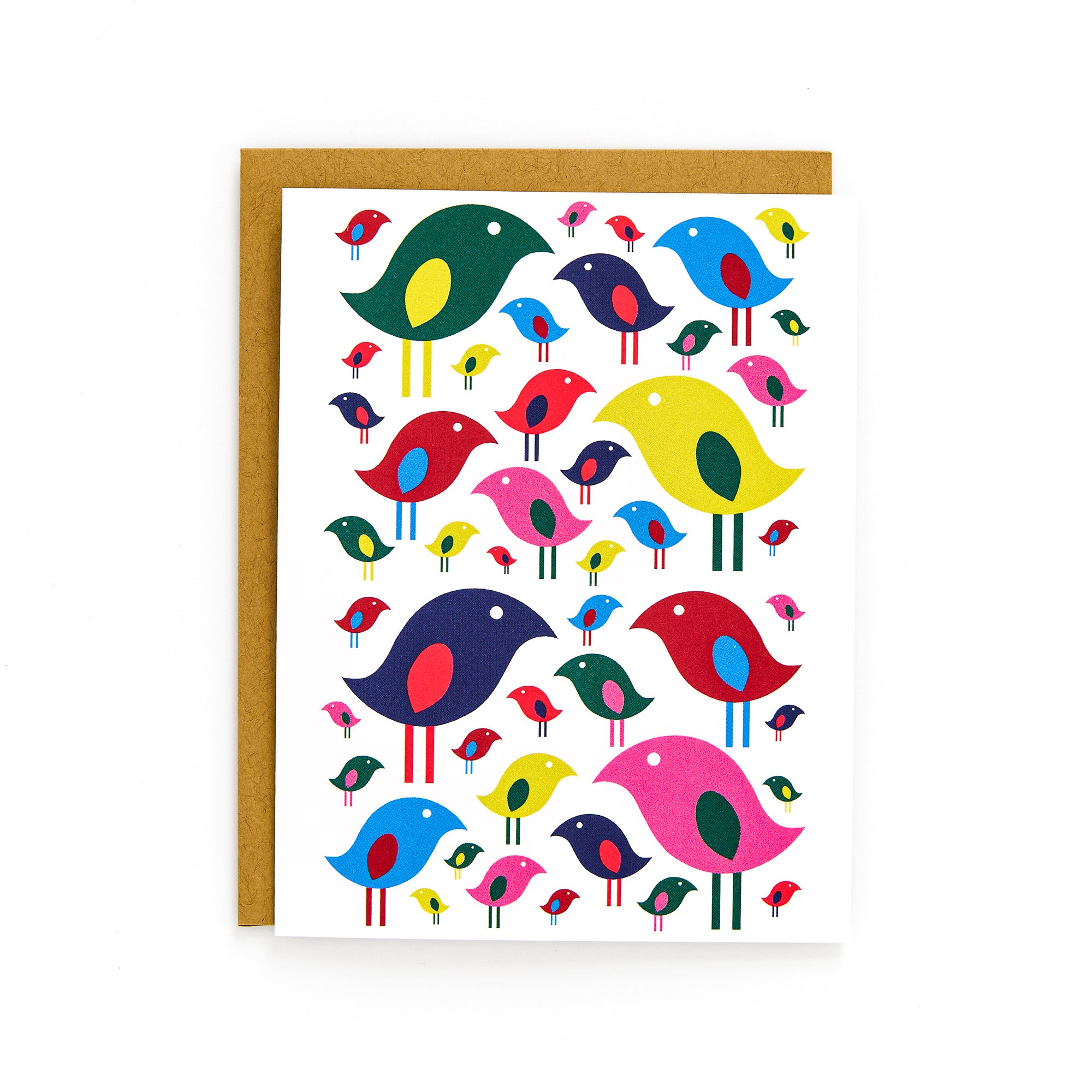 Colorful bird pattern on bright white card with kraft envelope, perfect for joyful celebrations and heartfelt messages.