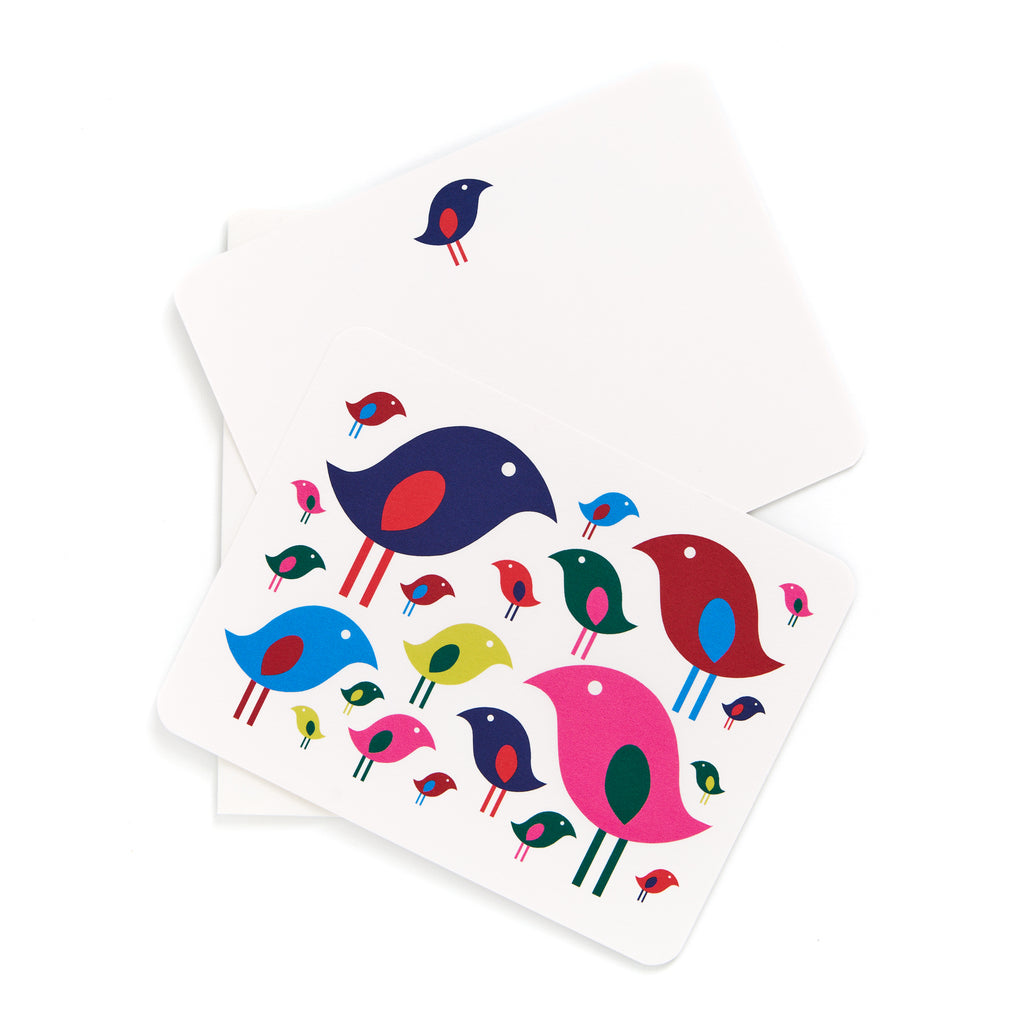 Colorful bird illustration on flat card with coordinating envelope from Bright Bird Flat Card Set, six cards included.