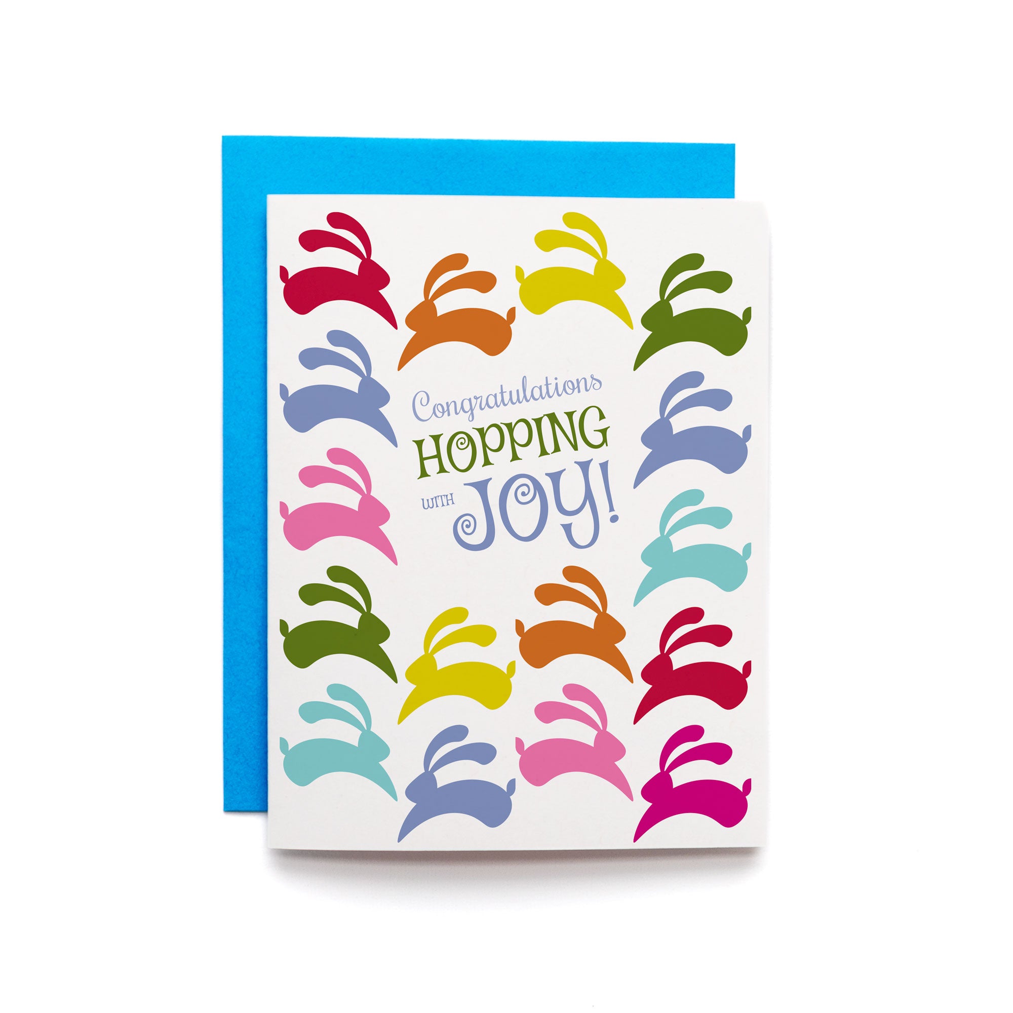 Bunny Bright Congratulations Card with colorful hopping bunnies and "Congratulations Hopping with Joy" message, includes blue envelope.
