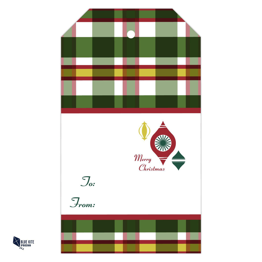Christmas Gift Tags | Vintage Christmas | 8 Tags featuring a plaid design and modern ornaments with To and From sections.