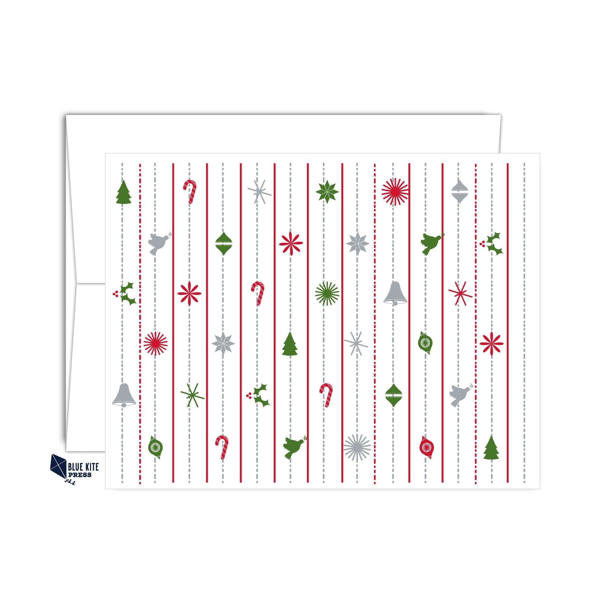 Christmas Bright Card featuring vintage ornaments and trees design, blank inside, eco-friendly recycled paper.