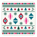 Modern Christmas coaster with festive pattern featuring ornaments, trees, bells, and stars in pink, teal, and red on white background. Square shape with rounded corners, perfect for holiday table decor.