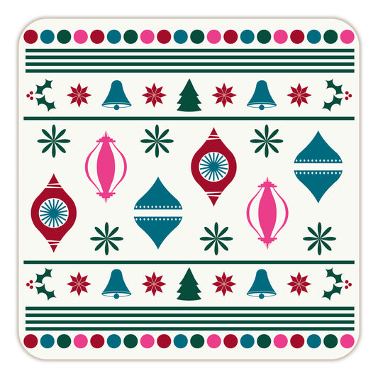 Modern Christmas coaster with festive pattern featuring ornaments, trees, bells, and stars in pink, teal, and red on white background. Square shape with rounded corners, perfect for holiday table decor.