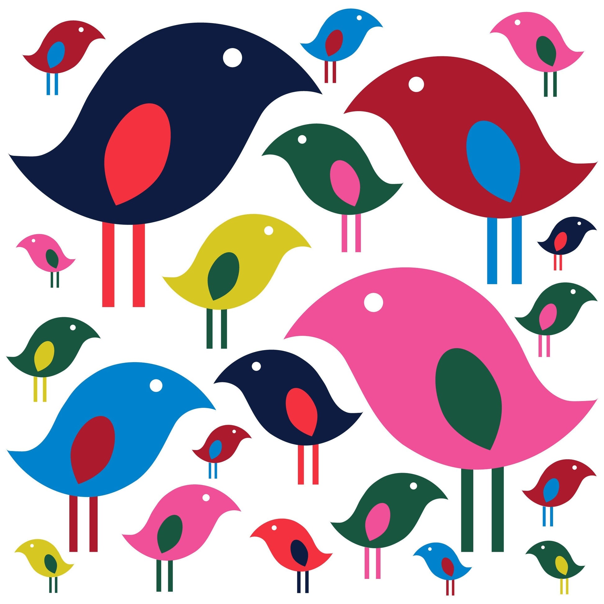 Colorful abstract birds in various sizes and vibrant colors arranged on a white background, featuring a mid-century modern design style for a cheerful and retro-inspired tea towel print