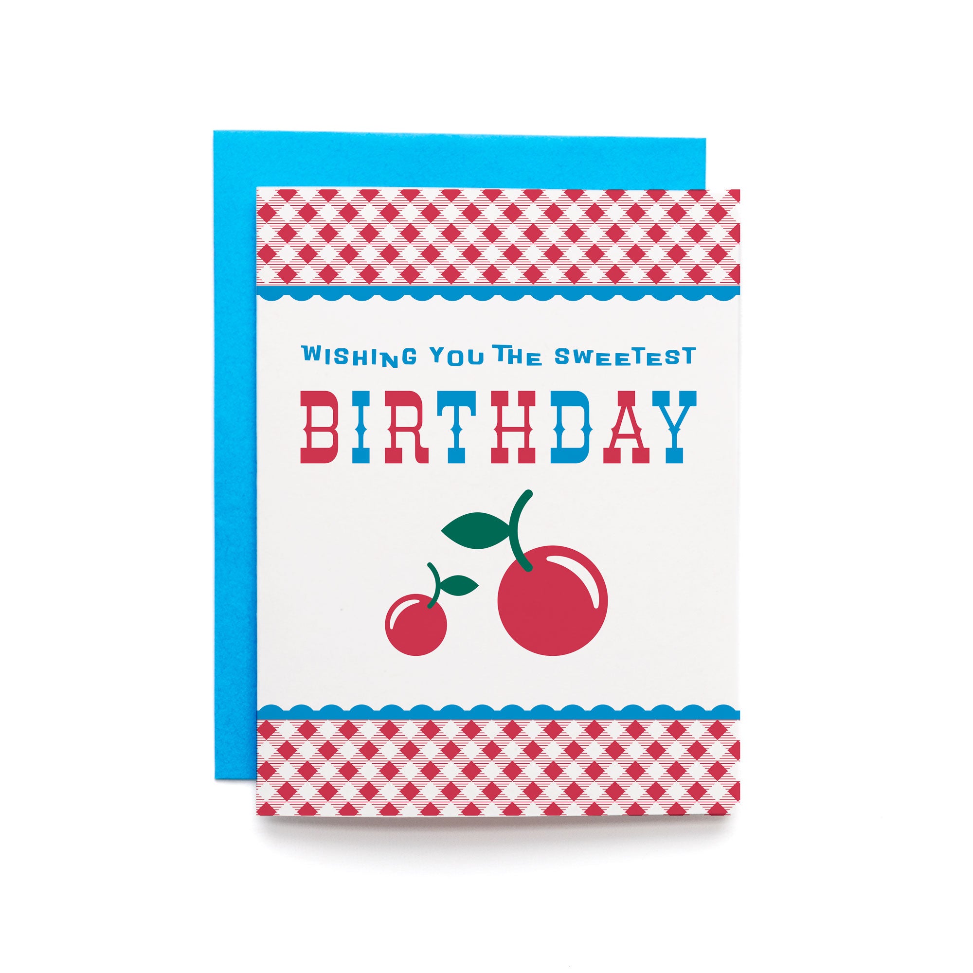 Cherry Birthday Card Sweetest Birthday with retro gingham pattern and red cherries on white background with blue envelope.