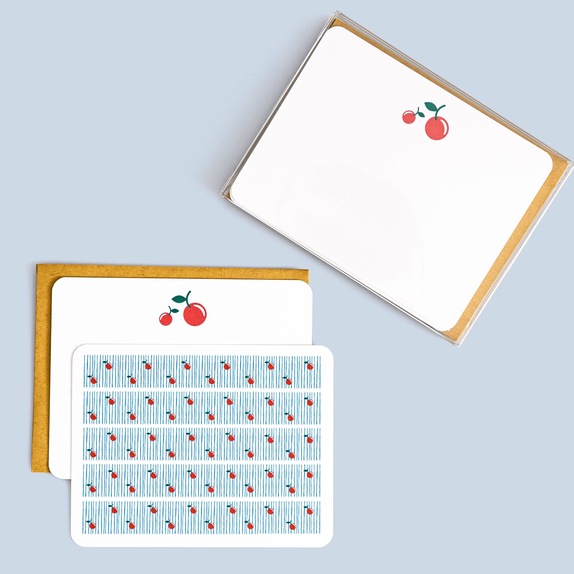 Set of flat cherry greeting cards with coordinating kraft envelopes, retro cherry pattern on white background
