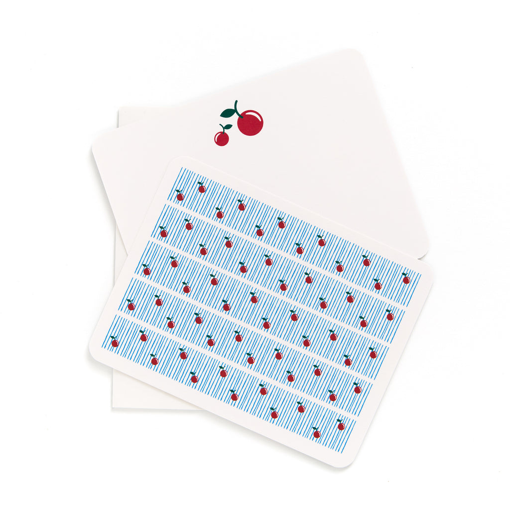 Cherry flat card set featuring cherry illustrations on white cards with coordinating envelopes, A2 size stationery set