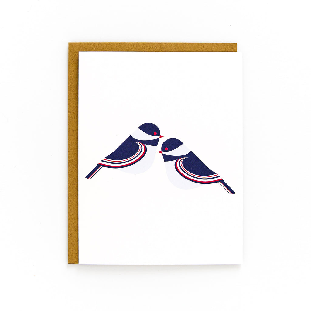 Minimalist Chickadee Card featuring two stylized birds on a white background with a kraft envelope included.