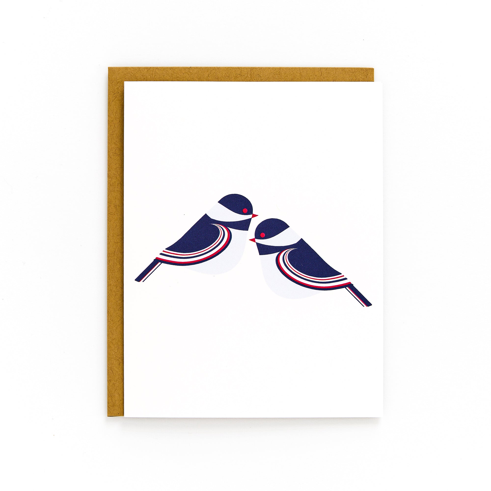 Minimalist Chickadee Card featuring two stylized birds on a white background with a kraft envelope included.