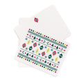 Flat Christmas card with colorful retro ornament and star pattern, accompanied by matching white envelopes.