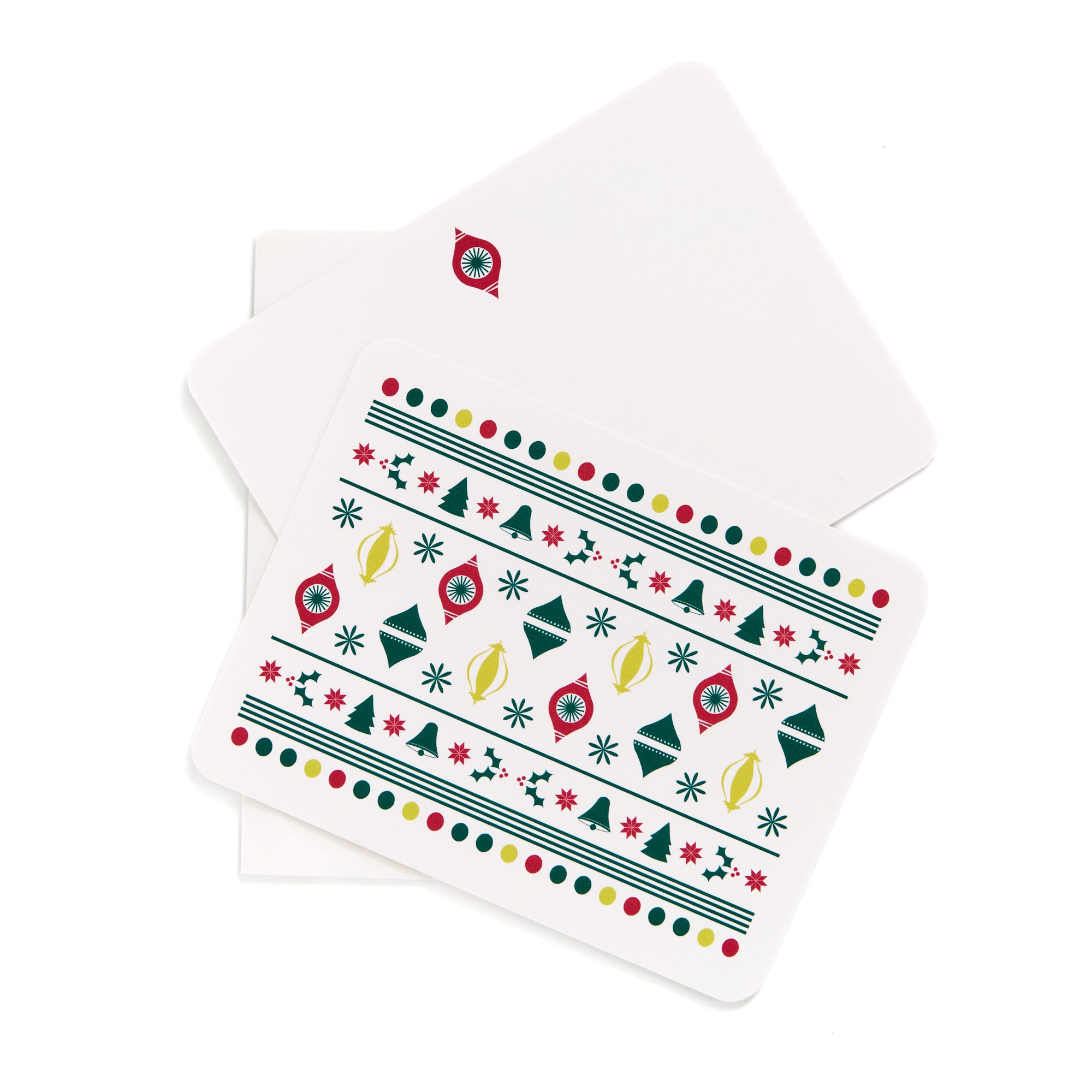 Flat Christmas card with colorful retro ornament and star pattern, accompanied by matching white envelopes.
