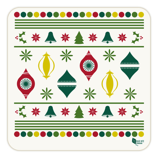 Retro Christmas paper coaster with festive pattern featuring ornaments, trees, bells, and holly in red, green, and yellow on white background. Square design with rounded corners.