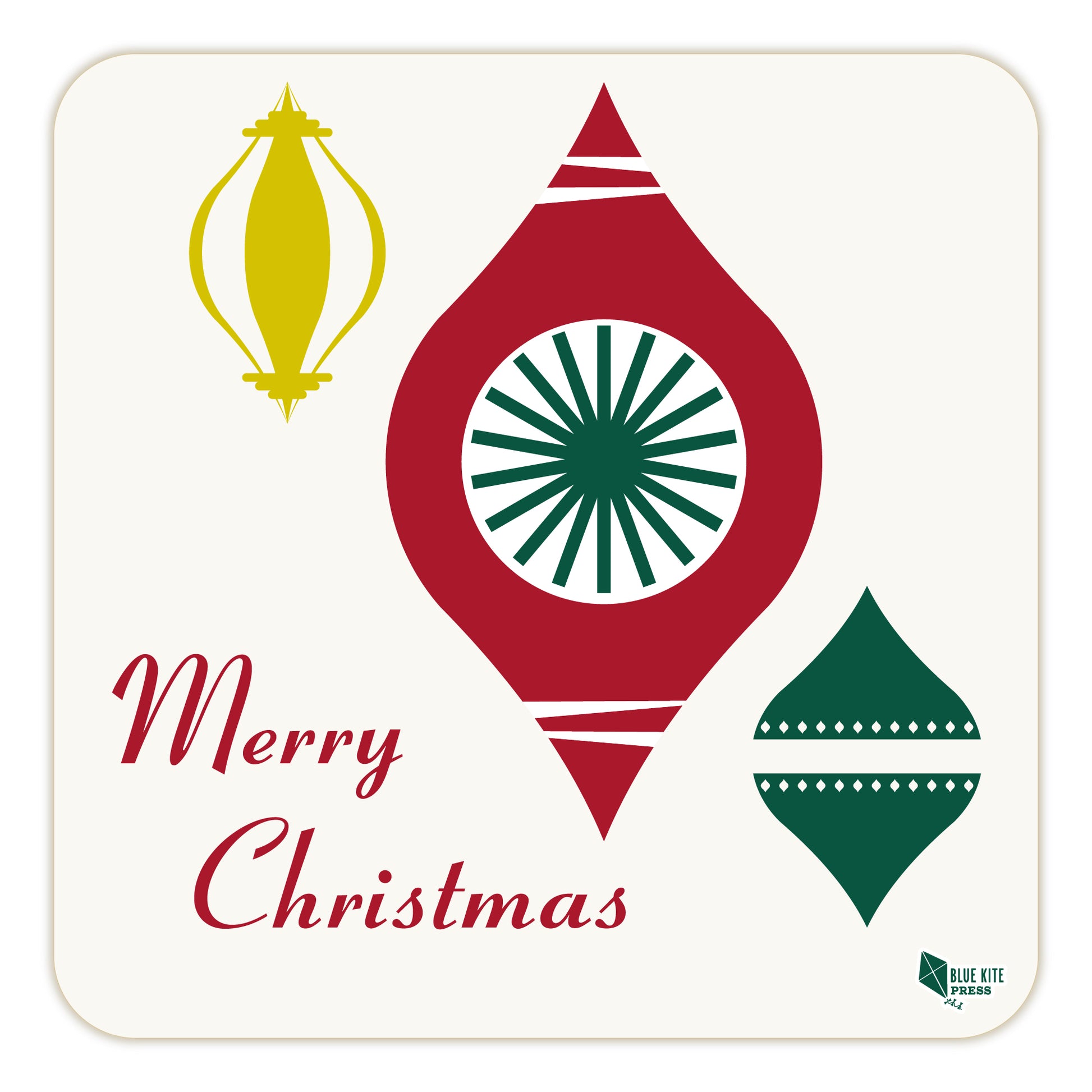 Modern Christmas coaster with stylized ornaments in yellow, red, and green, featuring geometric shapes and "Merry Christmas" text on a white background