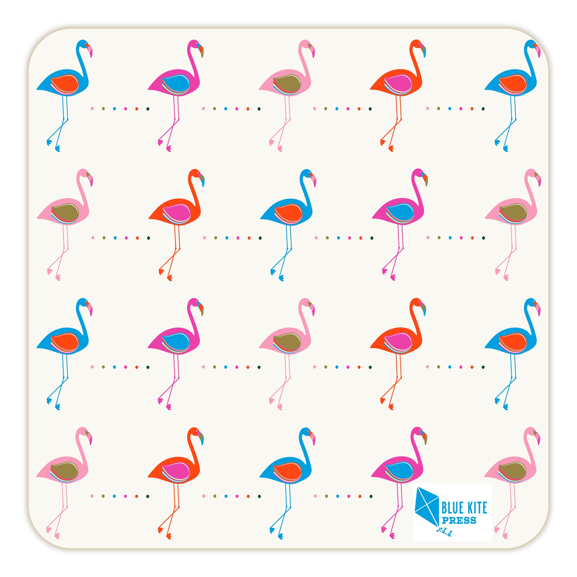 Modern square paper coaster with colorful flamingo pattern in pink, blue, and orange on white background. Stylized flamingos arranged in rows with dotted lines between them. Blue Kite Press logo in bottom right corner.