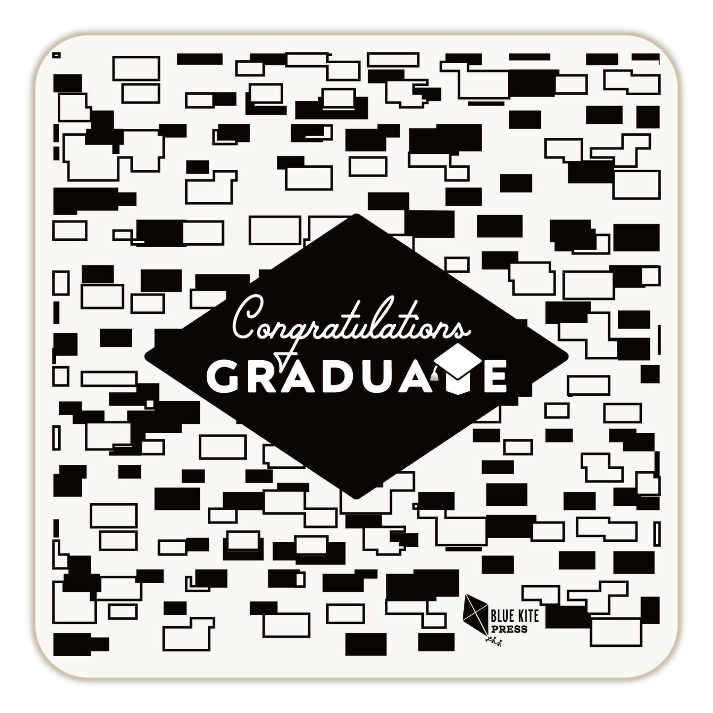 Square paper coaster with black and white geometric pattern featuring "Congratulations Graduate" text in diamond shape center, perfect for graduation celebrations