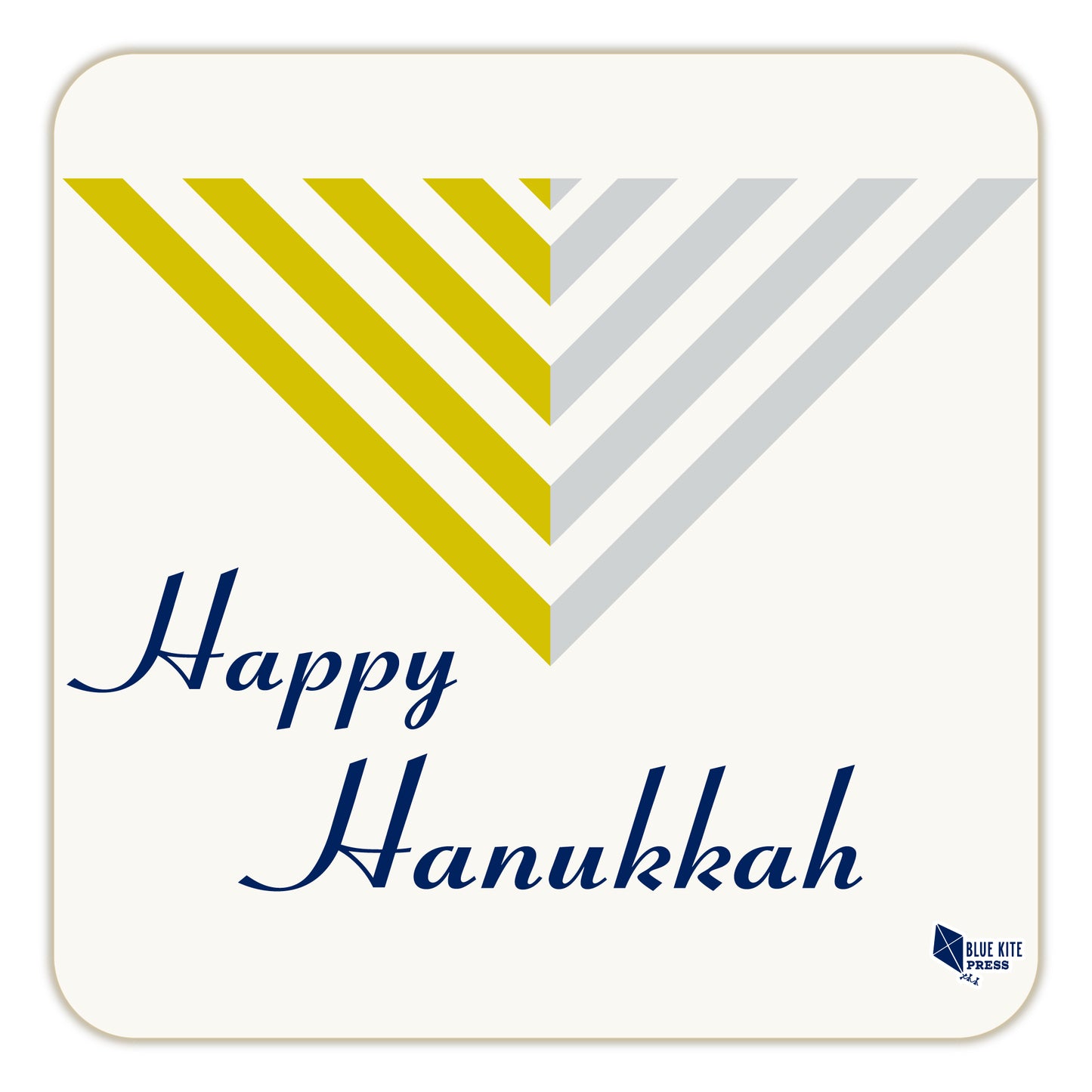 Modern Hanukkah paper coaster with stylized menorah design in yellow and gray, featuring 'Happy Hanukkah' text in blue cursive font on white background, square shape with rounded corners