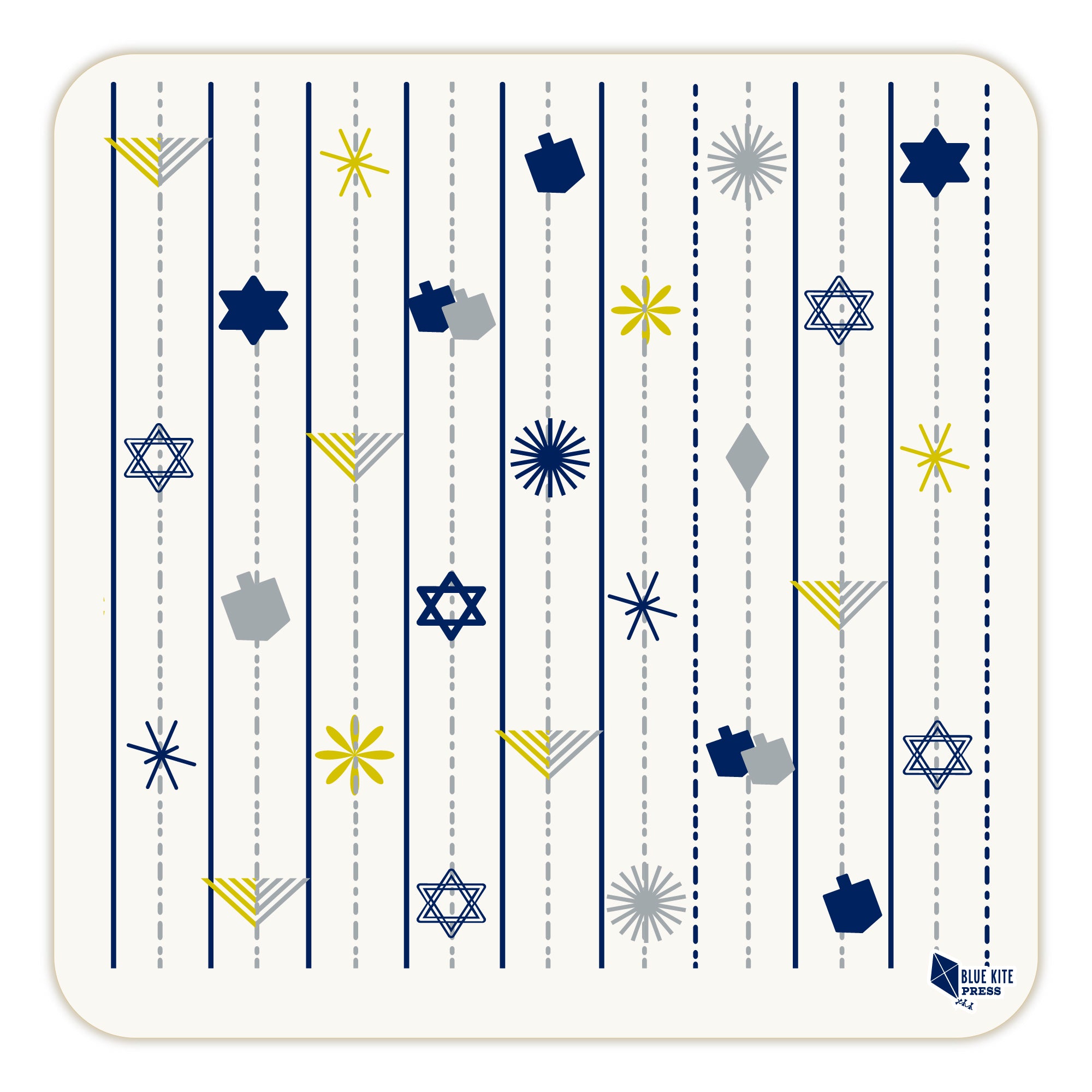 Hanukkah paper coaster with festive design featuring vertical lines and Hanukkah symbols including Stars of David, dreidels, menorahs, and decorative stars in blue, yellow, and gray on a white background