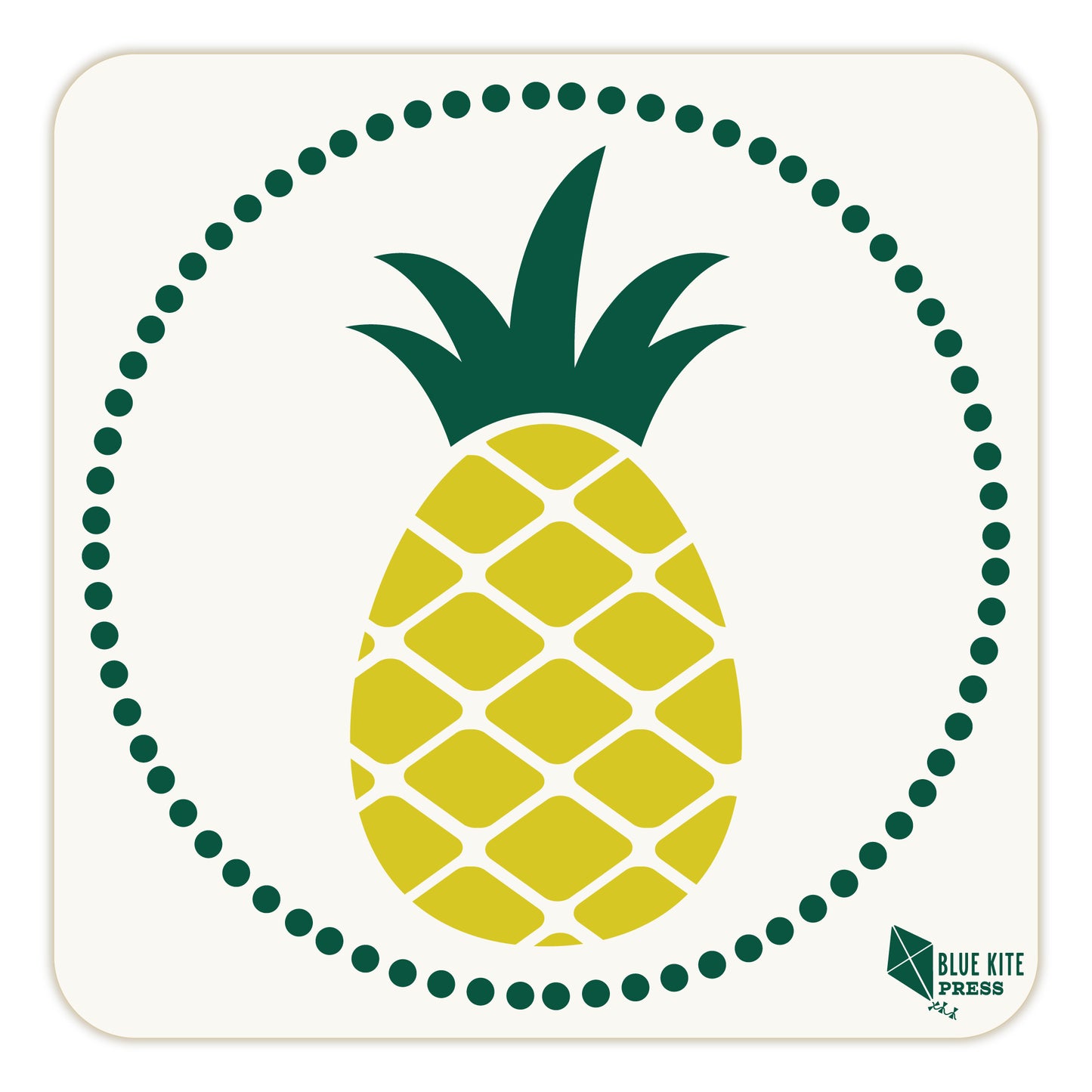 Modern yellow pineapple design on square paper coaster with green dotted border, showcasing tropical theme for Shopify product set of 4 coasters, perfect for stylish table settings and entertaining