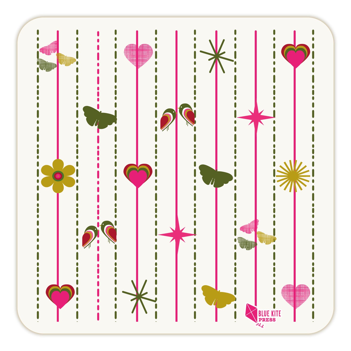 Square paper coaster with modern pink and green design featuring hearts, flowers, butterflies, and stars arranged in vertical stripes on a white background, perfect for adding a whimsical touch to table settings