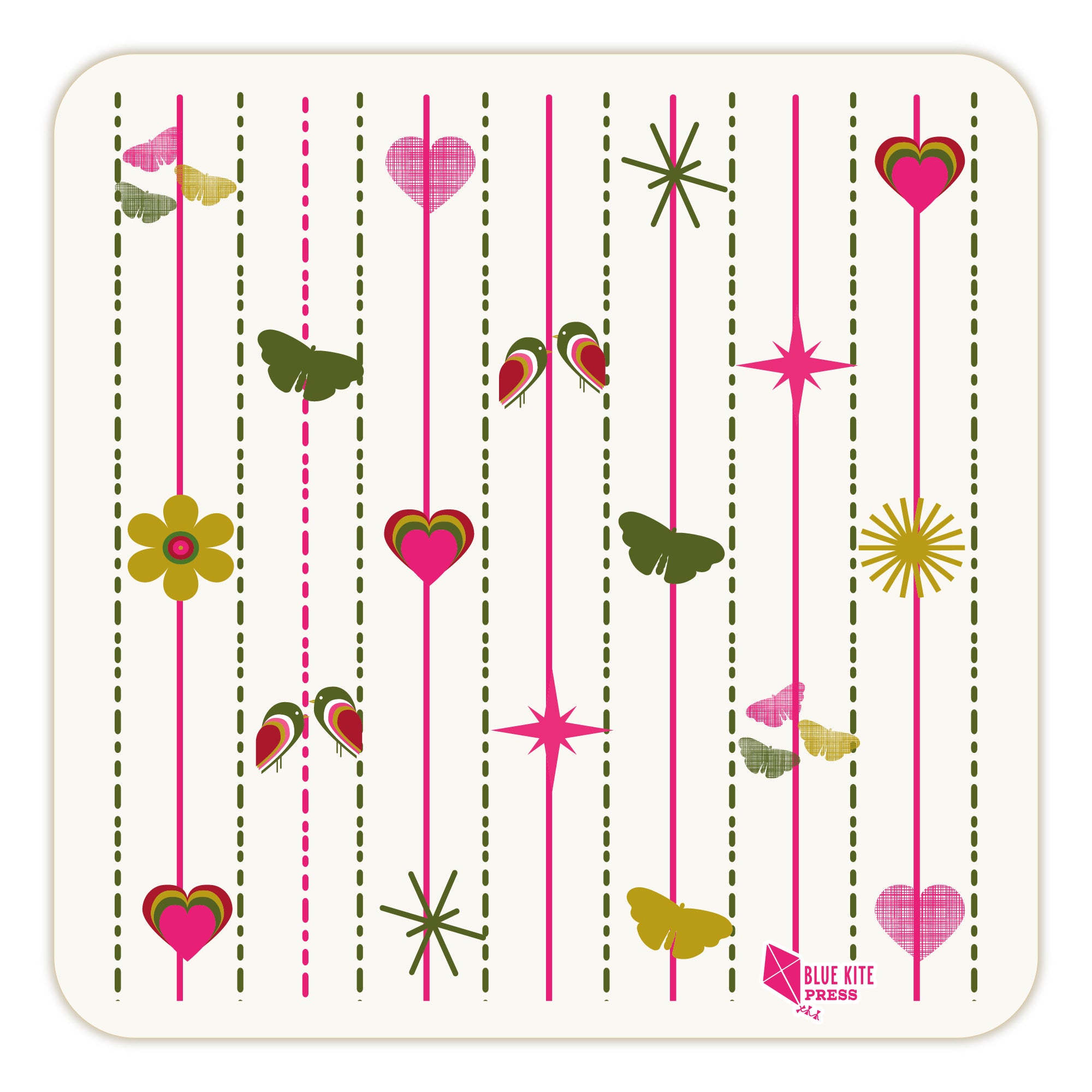Square paper coaster with modern pink and green design featuring hearts, flowers, butterflies, and stars arranged in vertical stripes on a white background, perfect for adding a whimsical touch to table settings