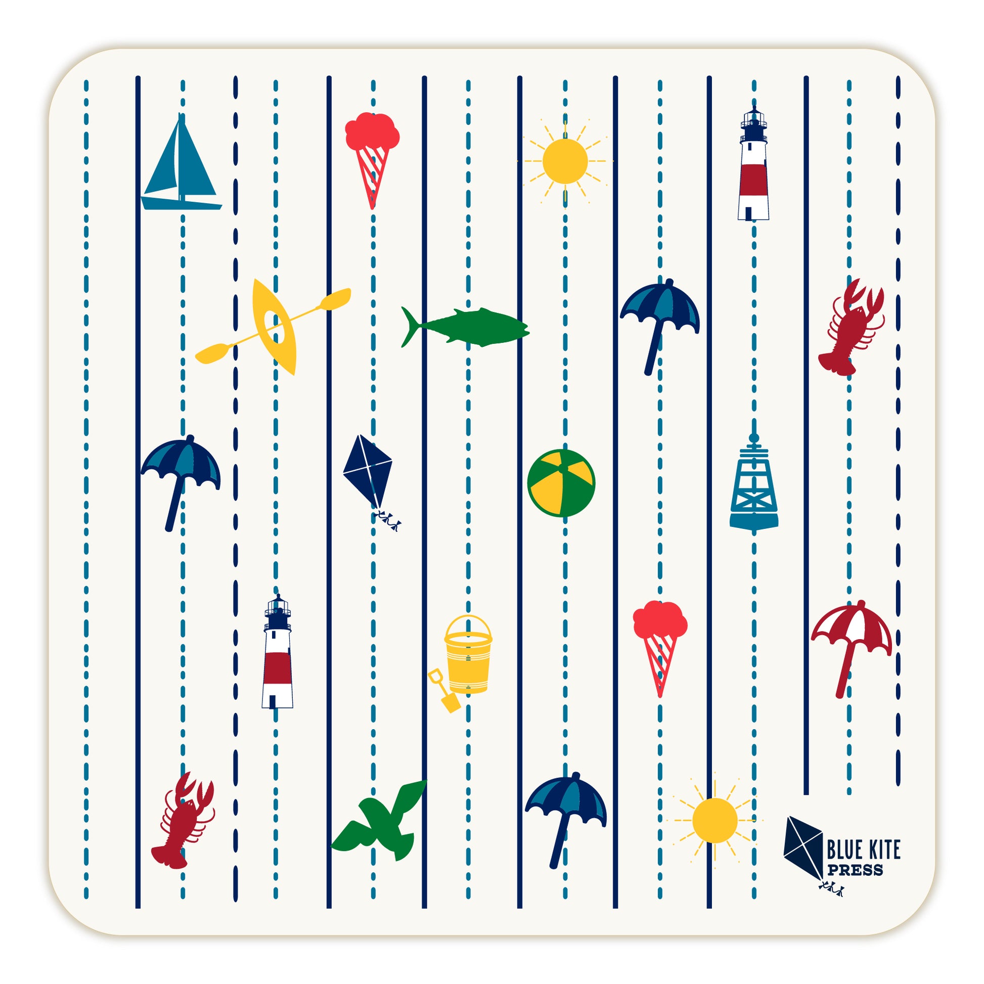 Colorful New England coastal icons on white paper coaster with blue dotted lines, featuring sailboats, lighthouses, fish, umbrellas, ice cream, and beach balls, perfect for seaside-themed table settings