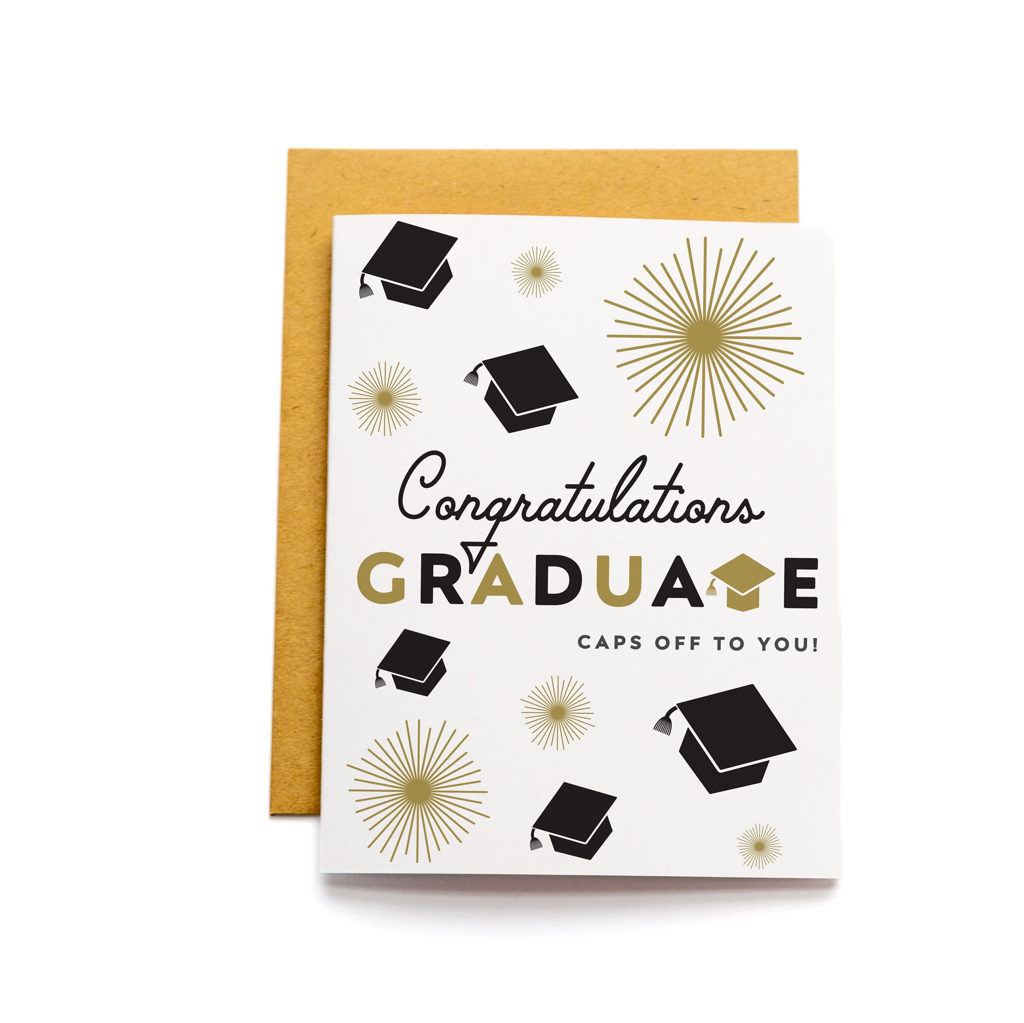 Congratulations Graduate Caps Off Card with black caps and gold starburst design celebrating graduation achievement.