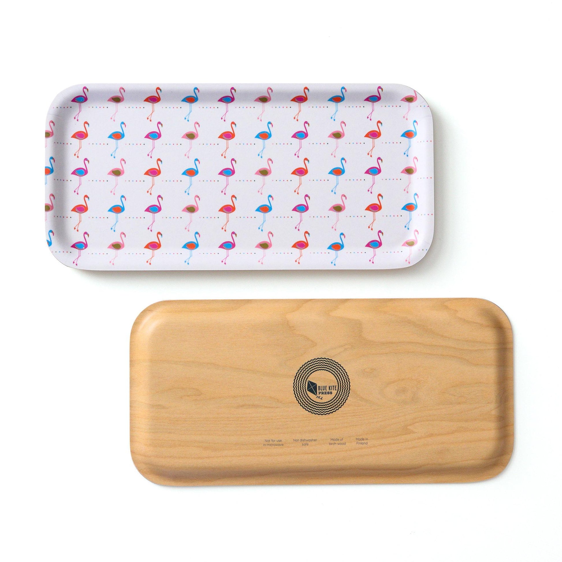 Modern rectangular birch tray with pink and blue flamingo pattern on white background, displayed alongside plain wooden tray showing bottom design and product details